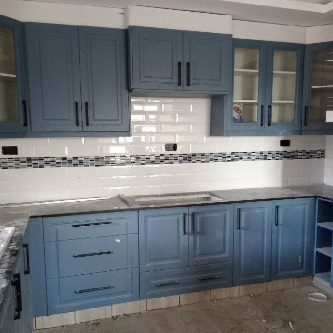 Smoke Blue MDF Kitchen Cabinets Installation Project in Nyeri